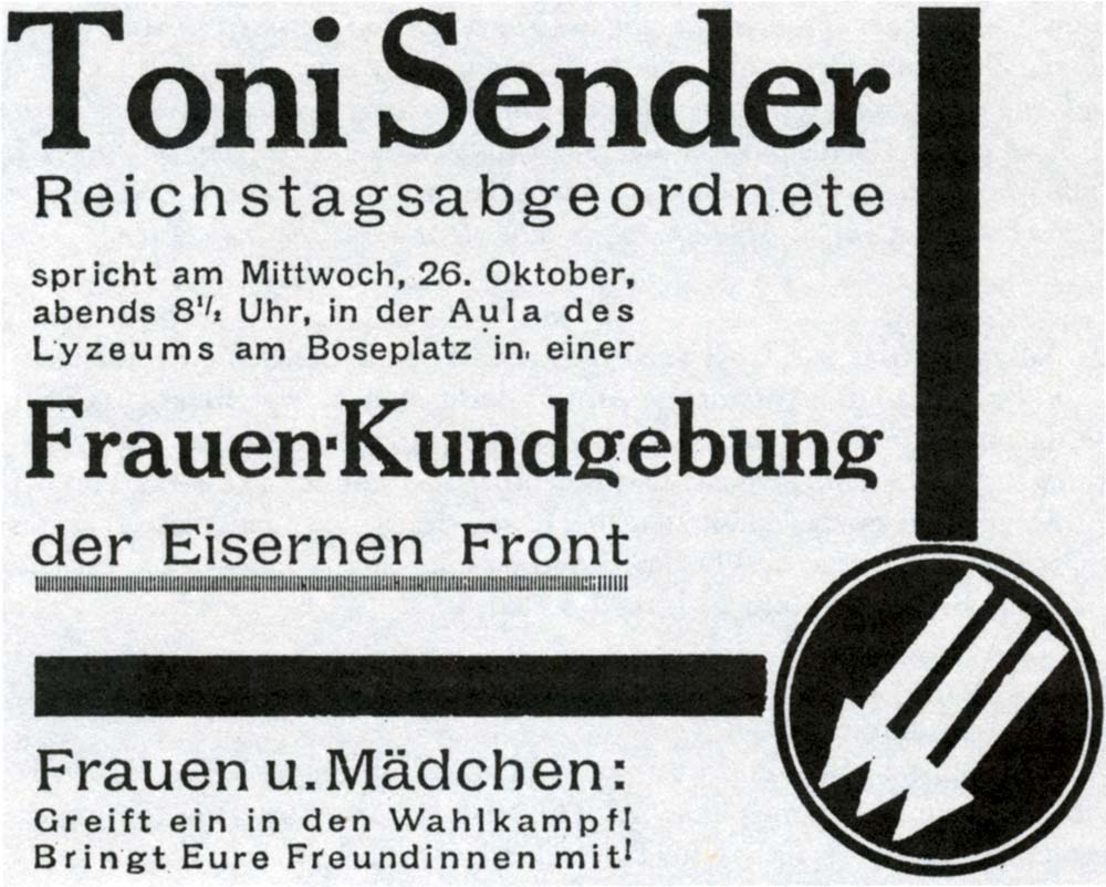 Ankündigung einer von Konrad Arndt geleiteten Veranstaltung zur bevorstehenden Reichstagswahl in der Aula der heutigen Elly-Heuss-Schule, „Volksstimme“, 25. Oktober 1932